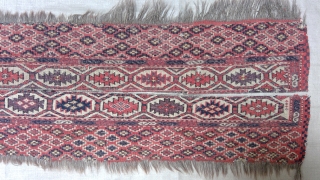 Antique Chodor Turkmen main carpet end panel fragments, 83 x 8 inches each. Warp: gray and brown goat; Weft: tan wool and white cotton. Asymmetric knots to right.     