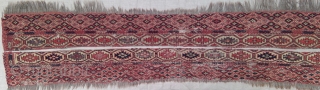 Antique Chodor Turkmen main carpet end panel fragments, 83 x 8 inches each. Warp: gray and brown goat; Weft: tan wool and white cotton. Asymmetric knots to right.     