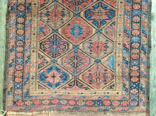 Baluch Gul Lattice Rug, symmetrical knots, possibly Bahluli, 33 x 61 inches.  Late 19th century.  These photos cannot convey the variety of vivid colors including a deep Aubergine (the lattice,  ...