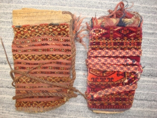 Antique 19th century mixed technique Tekke torba with 13 horizontal bands, asymmetrically knotted, on red plain weave kilim, complete with yellow kilim back and patterned strap. 37 x 14 inches. In good  ...