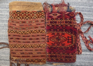 Antique 19th century mixed technique Tekke torba with 13 horizontal bands, asymmetrically knotted, on red plain weave kilim, complete with yellow kilim back and patterned strap. 37 x 14 inches. In good  ...