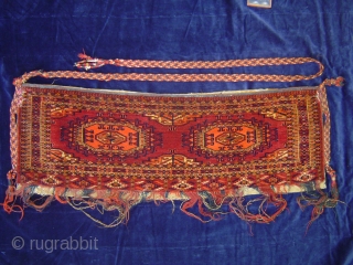 Resplendent and very fine antique Turkmen torba with 2 Salor guls, complete with kilim back and handsome woven straps. 36 x 11 inches. Circa 1900. Excellent condition. johnbatki@gmail.com     