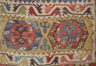 Anatolian kilim with 8 hexagon Guls, 3'6" x 6'3" (110 x 195 cm).  Konya/Cumra area, 19th century.  Sides rough.  Mounted on corduroy backing.       