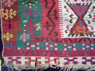 Very Old Southeast Anatolian kilim, 2 Diamond Reserves with Totemic Animal-Trees on Ivory field, 32 x 51 inches. Fine, tight weave and rich colors characteristic of Aleppo-Reyhanli region of 19th century Ottoman  ...