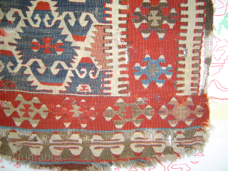 Anatolian Kilim Bonanza: Early and tired Obruk Elibelinde kilim fragment seeking rest,and stabilization, 114 x 234 cm. One of the oldest of this type. Sourced from Lawrence Kearney in 1980s. Professionally washed  ...