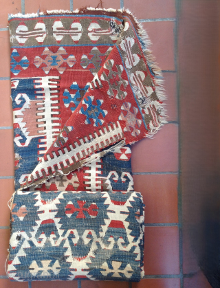 Anatolian Kilim Bonanza: Early and tired Obruk Elibelinde kilim fragment seeking rest,and stabilization, 114 x 234 cm. One of the oldest of this type. Sourced from Lawrence Kearney in 1980s. Professionally washed  ...