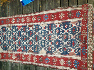 Anatolian Kilim Bonanza: Early and tired Obruk Elibelinde kilim fragment seeking rest,and stabilization, 114 x 234 cm. One of the oldest of this type. Sourced from Lawrence Kearney in 1980s. Professionally washed  ...
