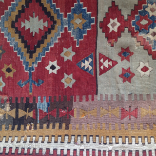 Anatolian Kilim Bonanza: Central Anatolian 3-Panel kilim fragment, 19th century, 50 x 74 inches, recently cleaned by R. MANN. USD 1,150.- plus shipping. -- Luminous, deep, tomato reds and indigo blues and  ...