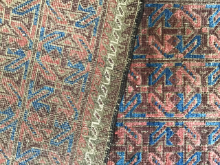 Antique Baluch symmetrically knotted wool rug with Interlocking Geometric Motifs in Grid Repeat forming a complex reciprocal pattern, 33 x 64 inches / 84 x 163 cm. Deep saturated colors on glowing  ...