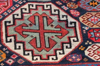 Caucasian Shirvan long rug with Memling Gul design dated 1319 or 1901.  Measures 4'3'' x 8'0''.  Vibrant colors with some early synthetics.  Good pile with some restoration and replaced  ...