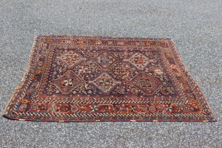 Circa 1880s Khamseh.  4'8'' x 6'0''.  Good colors.  Some brown corrosion and tiny bit of foundation showing in spots along with some wear to one end.  Still a  ...