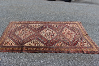 19th century Khamseh.  5x9.  Bad repair along one end.  In need of restoration.  Otherwise good.  All nice natural colors.         