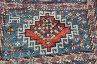 Kazak Karachov rug 3'5'' x 6'0''.  Late 19th or early 20th century.  Low even pile with good natural colors.  Basically un-restored condition with one tiny area of re-knotting and  ...