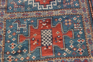 Kazak Karachov rug 3'5'' x 6'0''.  Late 19th or early 20th century.  Low even pile with good natural colors.  Basically un-restored condition with one tiny area of re-knotting and  ...