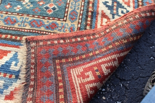 Kazak Karachov rug 3'5'' x 6'0''.  Late 19th or early 20th century.  Low even pile with good natural colors.  Basically un-restored condition with one tiny area of re-knotting and  ...