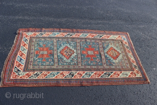 Kazak Karachov rug 3'5'' x 6'0''.  Late 19th or early 20th century.  Low even pile with good natural colors.  Basically un-restored condition with one tiny area of re-knotting and  ...