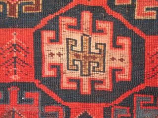 Antique Caucasian circa 1890 in fair to poor condition.  There are some old repairs on the selvage and one hole. The red dye has released in some of the cream wool.  ...
