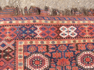 A Beshir carpet, Turkmenistan, mid 19th century.   Good vegetable dyes.  A beautiful piece.   Damaged kilim ends, some minor wear and moth damage (see detailed images).    ...