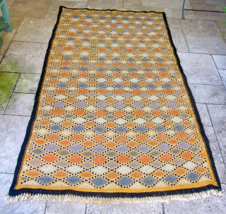 SOLD - Mergoum - flatweave kilim rug from Southern Tunisia, Gouvernement Tataouine. Late 20th century. Vibrant combination of mainly vegetable dyed wool, some synthetic dyed wool in the embroidery, and undyed black  ...
