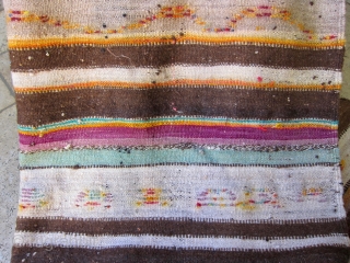 SOLD - A ca. 1970 Moroccan hanbel with a field striped in earth tones and pops of color in turquoise, tangerine and more. Minimal pattern of pile construction. 
Weft is wool -  ...