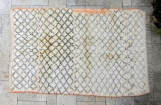 SOLD  - A truly mid-century Beni Ouarain rug. This beautiful rug was begun in 1953 and finished in 1955. Stored away between hosting guests, it was well cared for, and is  ...