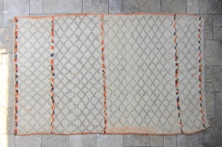 SOLD  - A truly mid-century Beni Ouarain rug. This beautiful rug was begun in 1953 and finished in 1955. Stored away between hosting guests, it was well cared for, and is  ...