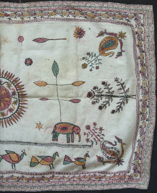 A beautiful Sujni kantha quilt from Bengal, Asia is an embroidered ceremonial wrap which was used as a spread for seating honoured guests during the weddings and other ceremonies. This piece is  ...