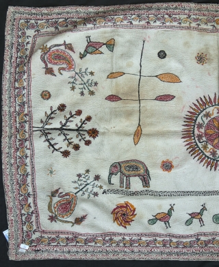 A beautiful Sujni kantha quilt from Bengal, Asia is an embroidered ceremonial wrap which was used as a spread for seating honoured guests during the weddings and other ceremonies. This piece is  ...