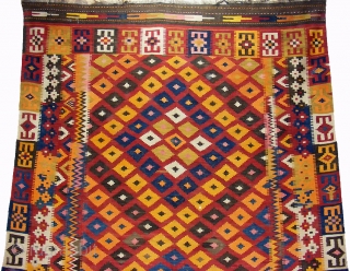 Fabulous large vintage afghan kilim. A beautiful example of the tribal art of rug making. It's quite large and would work in many different decorative environments from traditional to midcentury modern. Has  ...