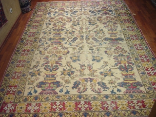 INDIAN ? RUG WHICH IS VERY OLD  AND   HAS  A RARE DESIGN WHITE GROUND AND  CHARMING COLOUR 
size is 305 x,207
PLEASE ASK MORE DETAIL,

    