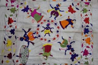Chamba Rumaal.

A Rumaal hand-embroidered in the typical style of Chamba, Himchal Pradesh, India 

This Rumaal depicts Krishna a Raas-Leela with Gopis and floral patterns all over. The figures are particularly well defined  ...
