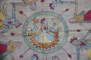 Chamba Rumaal

A Rumaal hand-embroidered in the typical style of Chamba, Himchal Pradesh, India 

This Rumaal depicts Krishna in a Raas-Leela with Gopis as well as palm trees and floral patterns all over.  ...