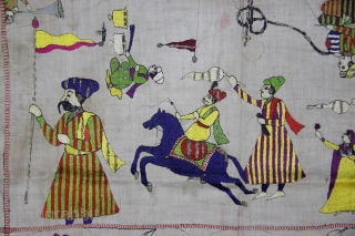 A Rumaal hand-embroidered in the typical style of Chamba, Himchal Pradesh, India. This Rumaal depicts a wrestling match being enjoyed by q King and several of his courtiers, servants, musicians playing the  ...