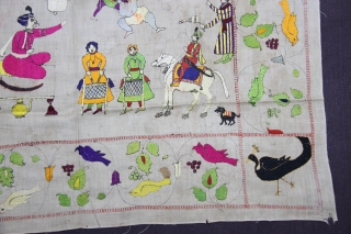 A Rumaal hand-embroidered in the typical style of Chamba, Himchal Pradesh, India. This Rumaal depicts a wrestling match being enjoyed by q King and several of his courtiers, servants, musicians playing the  ...