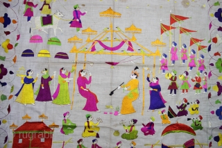 Chamba Rumaal.

A rare Rumaal hand-embroidered in the typical style of Chamba, Himchal Pradesh, India.

This Rumaal depicts a Wedding Ceremony, with the bride and gore sat under a tent, several attendants, palanquins, musicians,  ...