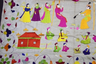 Chamba Rumaal.

A rare Rumaal hand-embroidered in the typical style of Chamba, Himchal Pradesh, India.

This Rumaal depicts a Wedding Ceremony, with the bride and gore sat under a tent, several attendants, palanquins, musicians,  ...