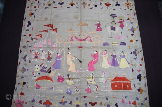 Chamba Rumaal.

A rare Rumaal hand-embroidered in the typical style of Chamba, Himchal Pradesh, India.

This Rumaal depicts a Wedding Ceremony, with the bride and gore sat under a tent, several attendants, palanquins, musicians,  ...