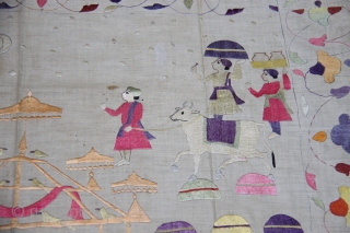 Chamba Rumaal.

A rare Rumaal hand-embroidered in the typical style of Chamba, Himchal Pradesh, India.

This Rumaal depicts a Wedding Ceremony, with the bride and gore sat under a tent, several attendants, palanquins, musicians,  ...