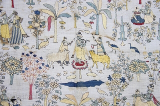 CHAMBA RUMAAL

A rare Rumaal hand-embroidered in the typical style of Chamba, Himchal Pradesh, India.

This Rumaal depicts Krishna in the forest doing various activities: offering flowers to Gopis, combing another Gopi’s hair, stealing  ...