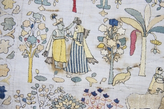 CHAMBA RUMAAL

A rare Rumaal hand-embroidered in the typical style of Chamba, Himchal Pradesh, India.

This Rumaal depicts Krishna in the forest doing various activities: offering flowers to Gopis, combing another Gopi’s hair, stealing  ...