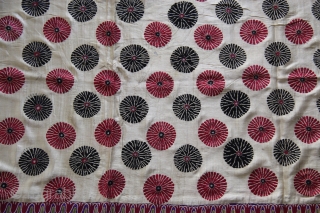 A full-sized embroidered cloth for a Chaniya (Skirt) from Kutch, Gujarat. The cloth is decorated with round flowers and the border with a colourful floral pattern all through the length of the  ...