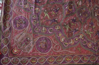 A fantastic large-size late-19th century Northern Indian textile richly embroidered all over in silk thread depicting maidens, servants, soldiers, fairies and floral motifs.          