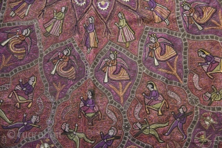 A fantastic large-size late-19th century Northern Indian textile richly embroidered all over in silk thread depicting maidens, servants, soldiers, fairies and floral motifs.          