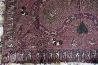 A wonderful large-size late-19th century North Indian textile decorated all over in silken thread depicting conversing couples, maidens, soldiers, horses, elephants, trees, peacocks, deer, birds and floral motifs all over. The piece  ...