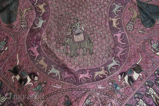 A wonderful large-size late-19th century North Indian textile decorated all over in silken thread depicting conversing couples, maidens, soldiers, horses, elephants, trees, peacocks, deer, birds and floral motifs all over. The piece  ...