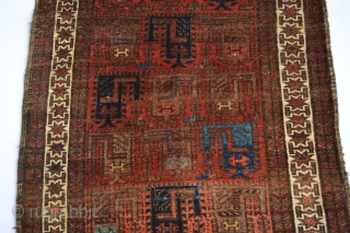 This Beautiful symetrical knoted scorpion patern Antique Baluch Tent Rug made circa 1900's and has a top qualty wool with stunning colors. All natural colors 
few old moth bites are cleaned. old  ...