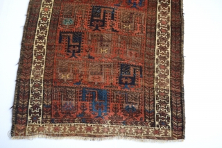 This Beautiful symetrical knoted scorpion patern Antique Baluch Tent Rug made circa 1900's and has a top qualty wool with stunning colors. All natural colors 
few old moth bites are cleaned. old  ...