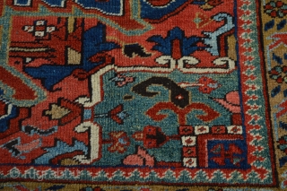 Music for the eyes circa 1920's Heriz area rug  Beautiful natural colors aproximately 370 x 260 centimeters. good pile some low spots
washed and cleaned ready for use     