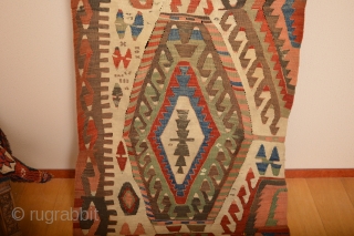 As found Beautiful Rare Patern Whiteground Anatolian Kilim 19th century 
size 326 x 90 cm.                  