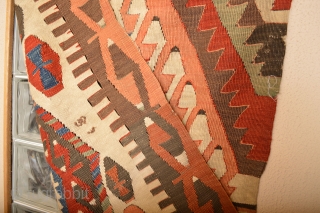 As found Beautiful Rare Patern Whiteground Anatolian Kilim 19th century 
size 326 x 90 cm.                  